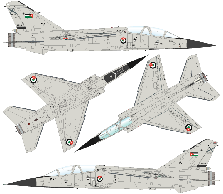 Profil bâbord en couleur du Mirage F1DJ 118 de la Royal Jordanian Air Force