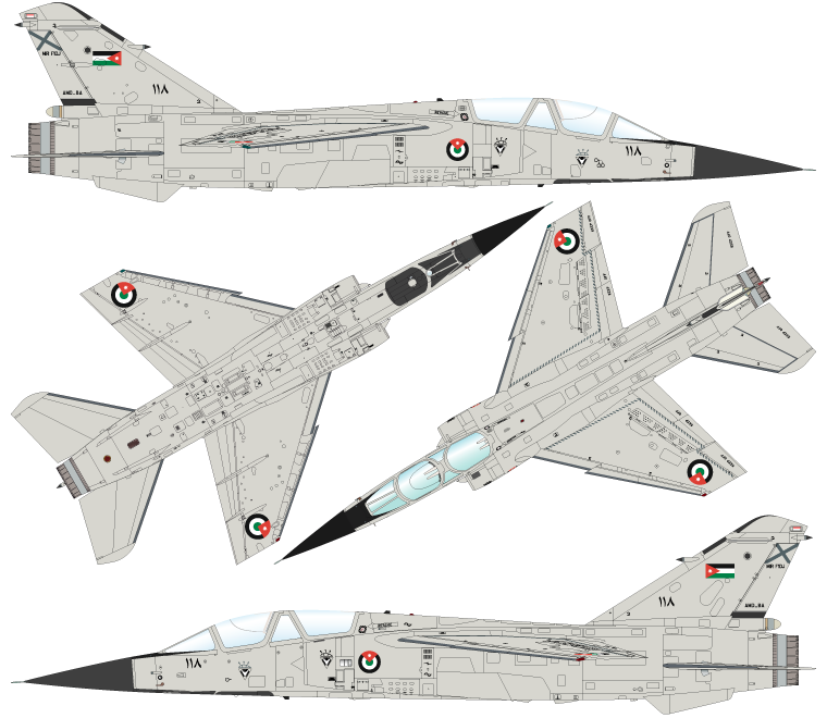 Profil bÃ¢bord en couleur du Mirage F1DJ 118 de la Royal Jordanian Air Force