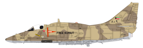 A-4KU Skyhawk koweitien au moment de la guerre du golfe en livrée désertique deux tons en extrados et la mention « Kree Kuwait » sur les flanc