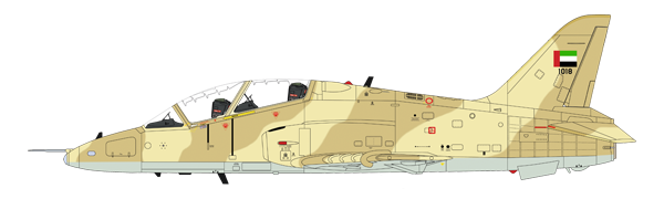 Hawk Mk.63c d'Abou Dabi (Emirats arabes unis) en livrée désertique en deux tons de sable et marron en extrados et un ton de gris en intrados